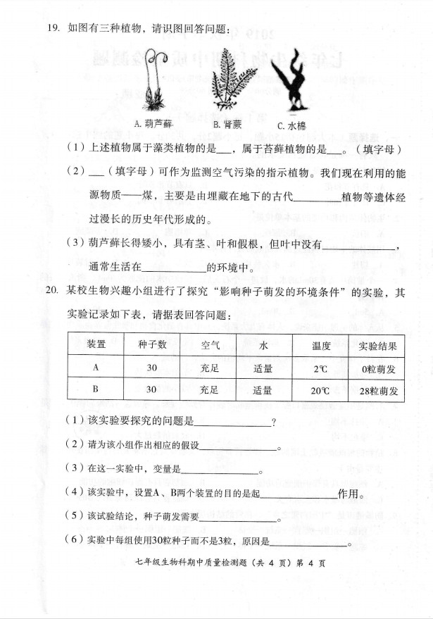 2019-2020防城港市防城区七年级生物上册期中试题含答案