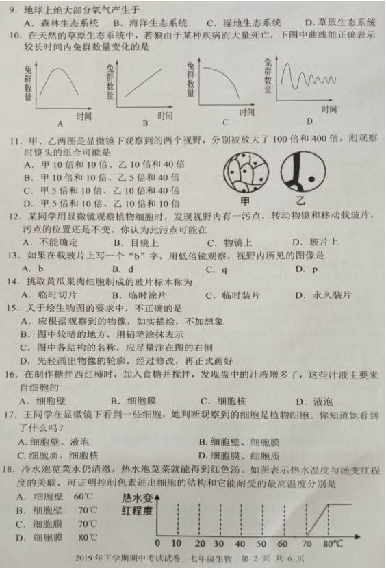 2019-2020湖南武冈市七年级生物上册期中试题无答案（图片版）