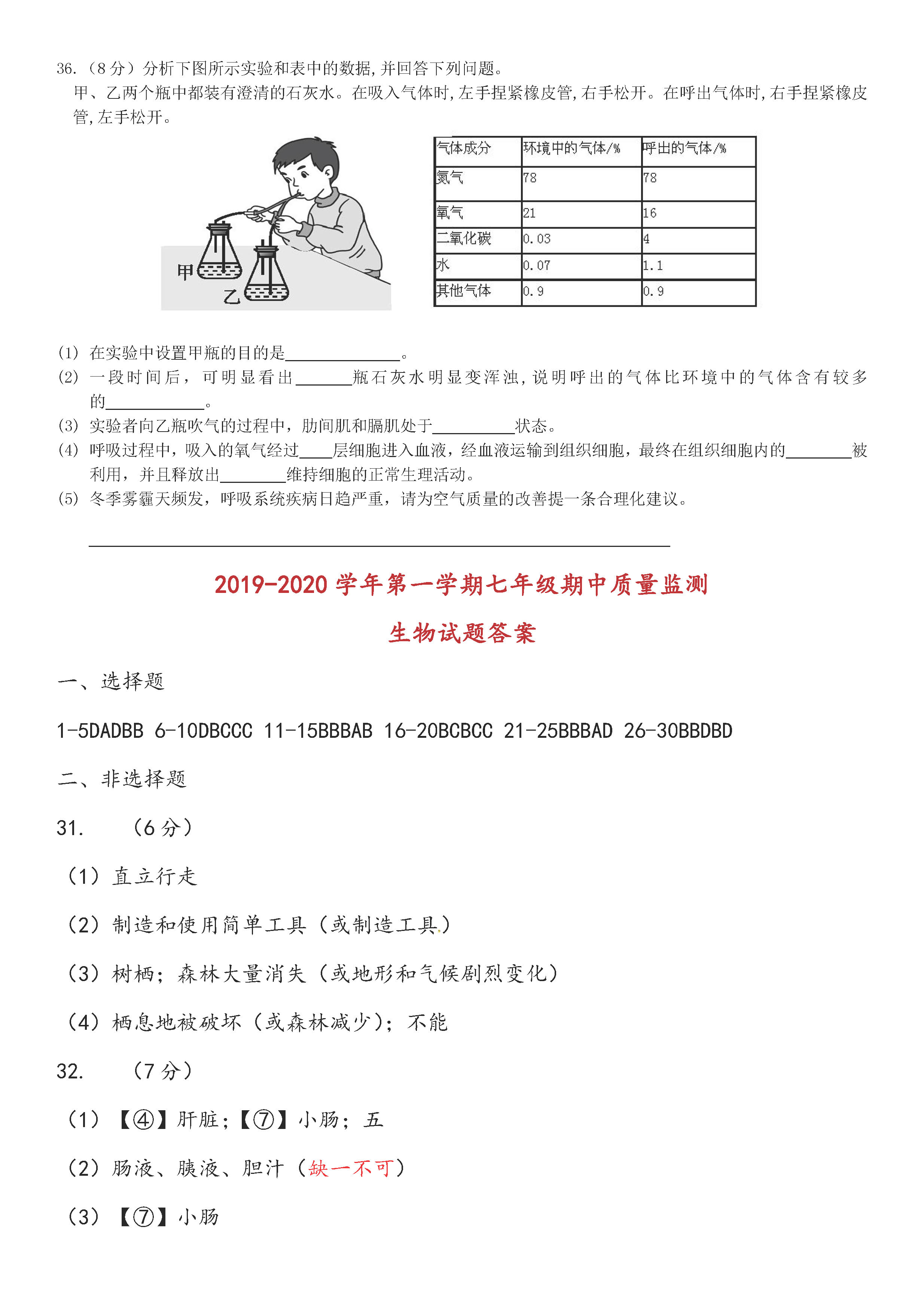 2019-2020东营市部分学校七年级生物上册期中试题含答案（五四制）