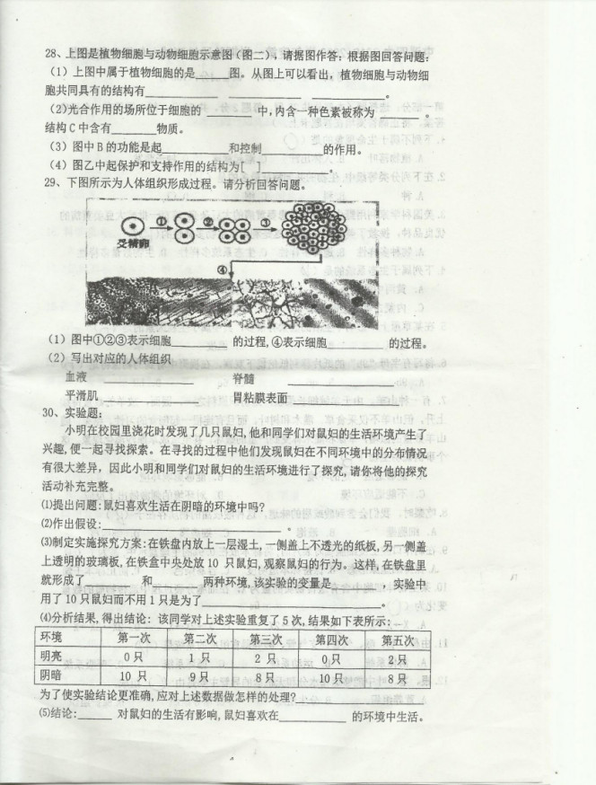 2019-2020安徽省黄山市七年级生物上册期中试题无答案（图片版）