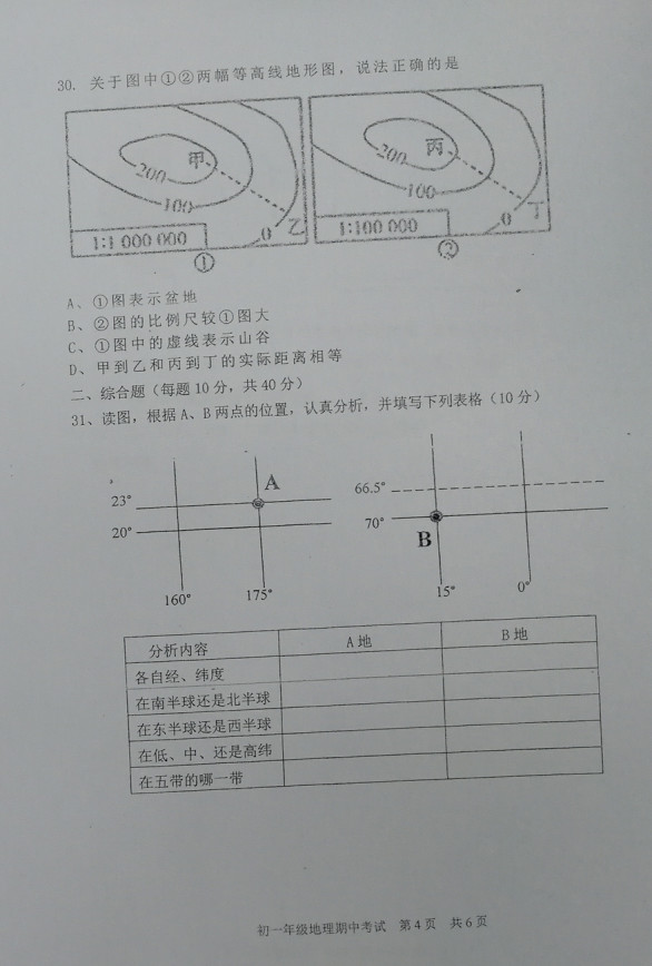 2019-2020北京东城区七年级地理上册期中试题无答案（图片版）