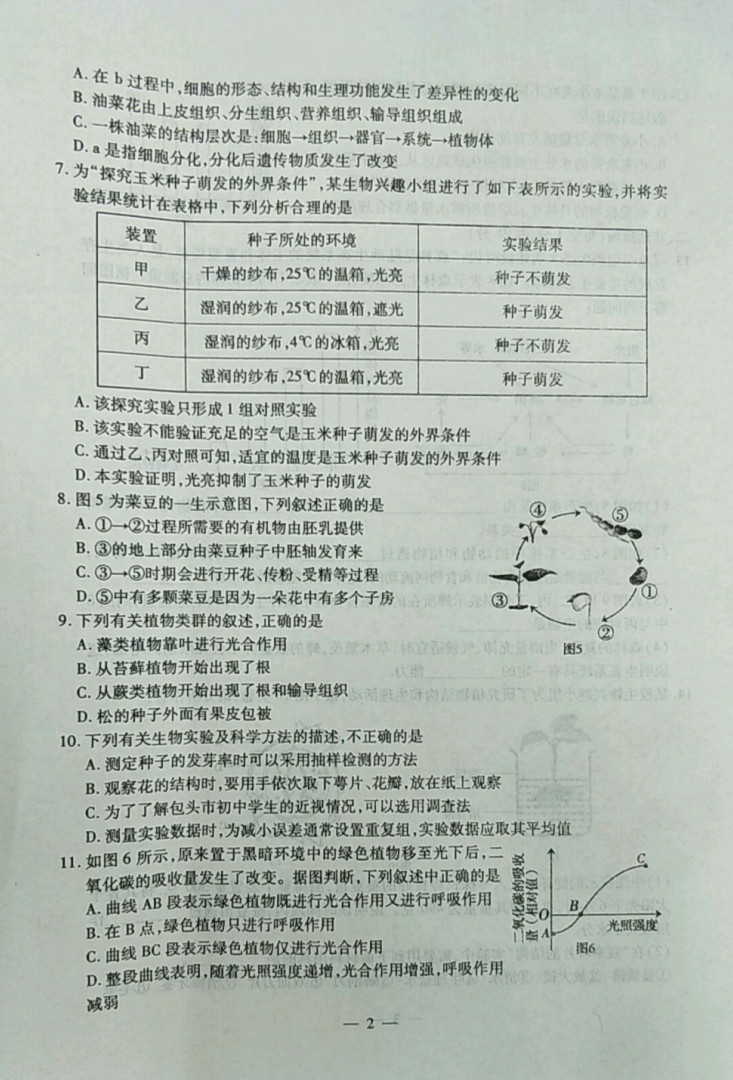 2019-2020包头市青山区七年级生物上册期末试题含答案（图片版）