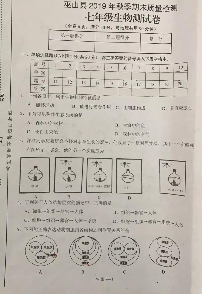 2019-2020重庆市巫山县七年级生物上册期末试题含答案