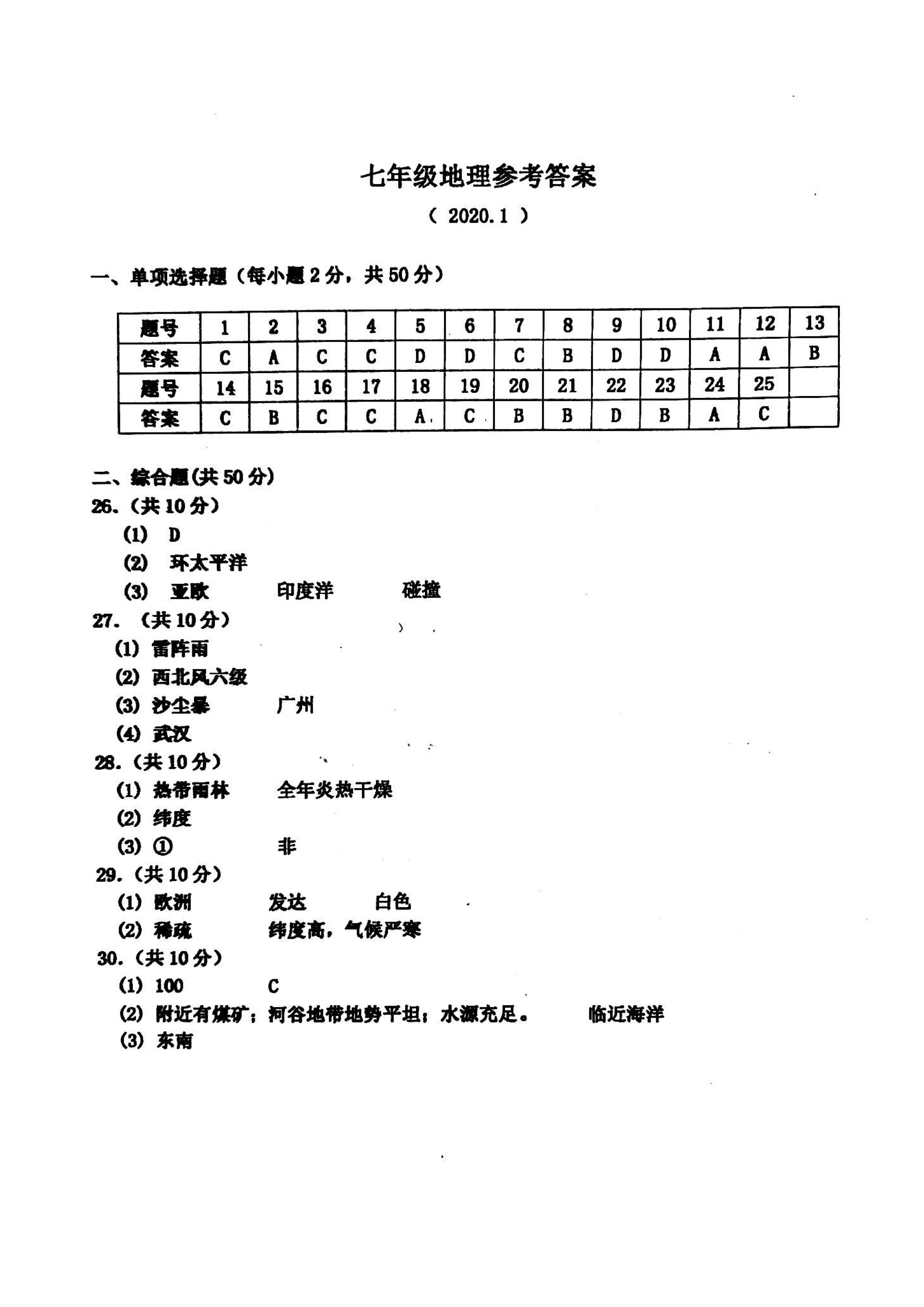 2019-2020河北省唐山市七年级地理上册期末试题含答案