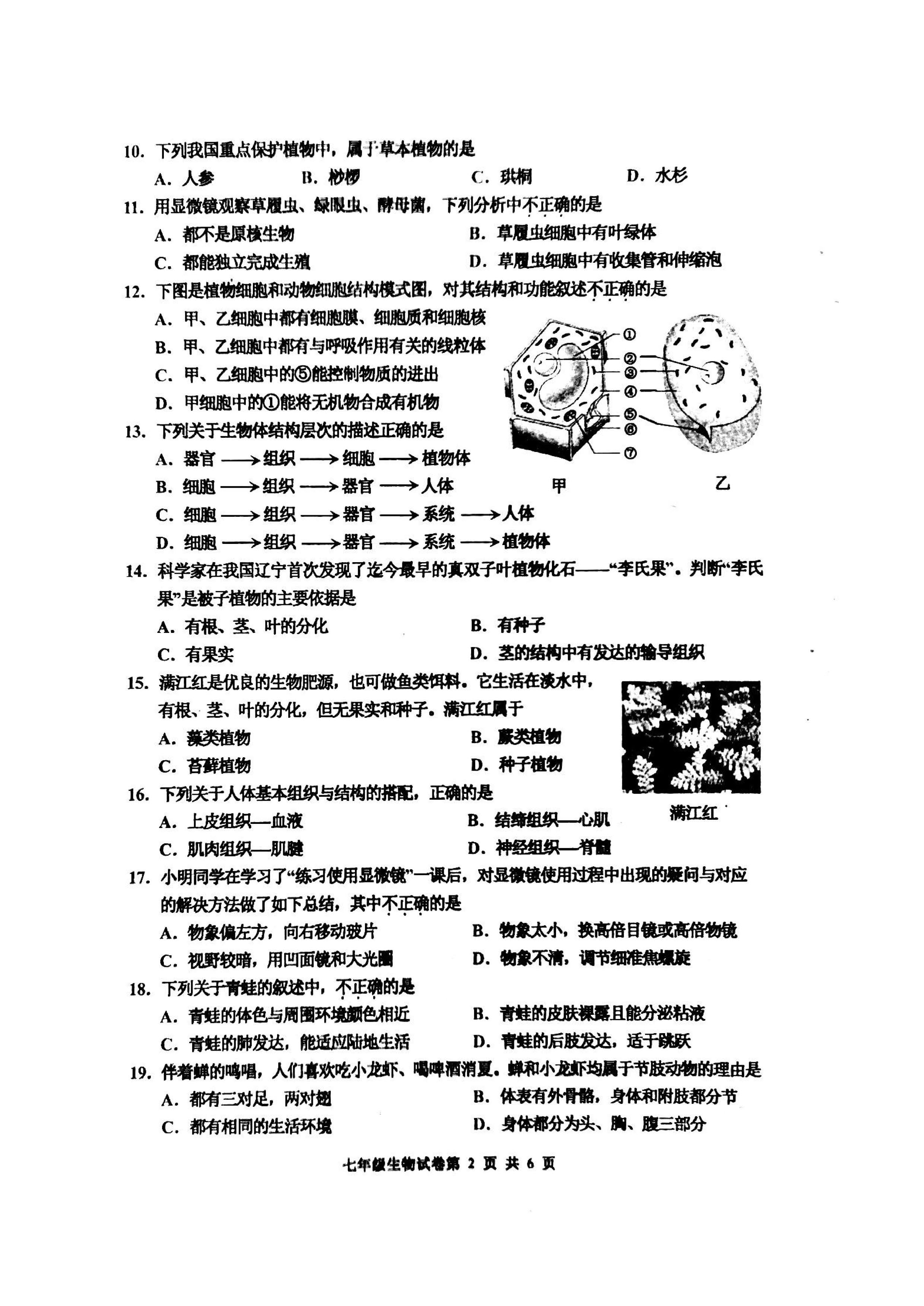 2019-2020河北省唐山市七年级生物上册期末试题含答案