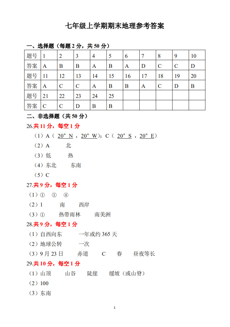 2019-2020云南红河州弥勒市七年级地理上册期末试题含答案