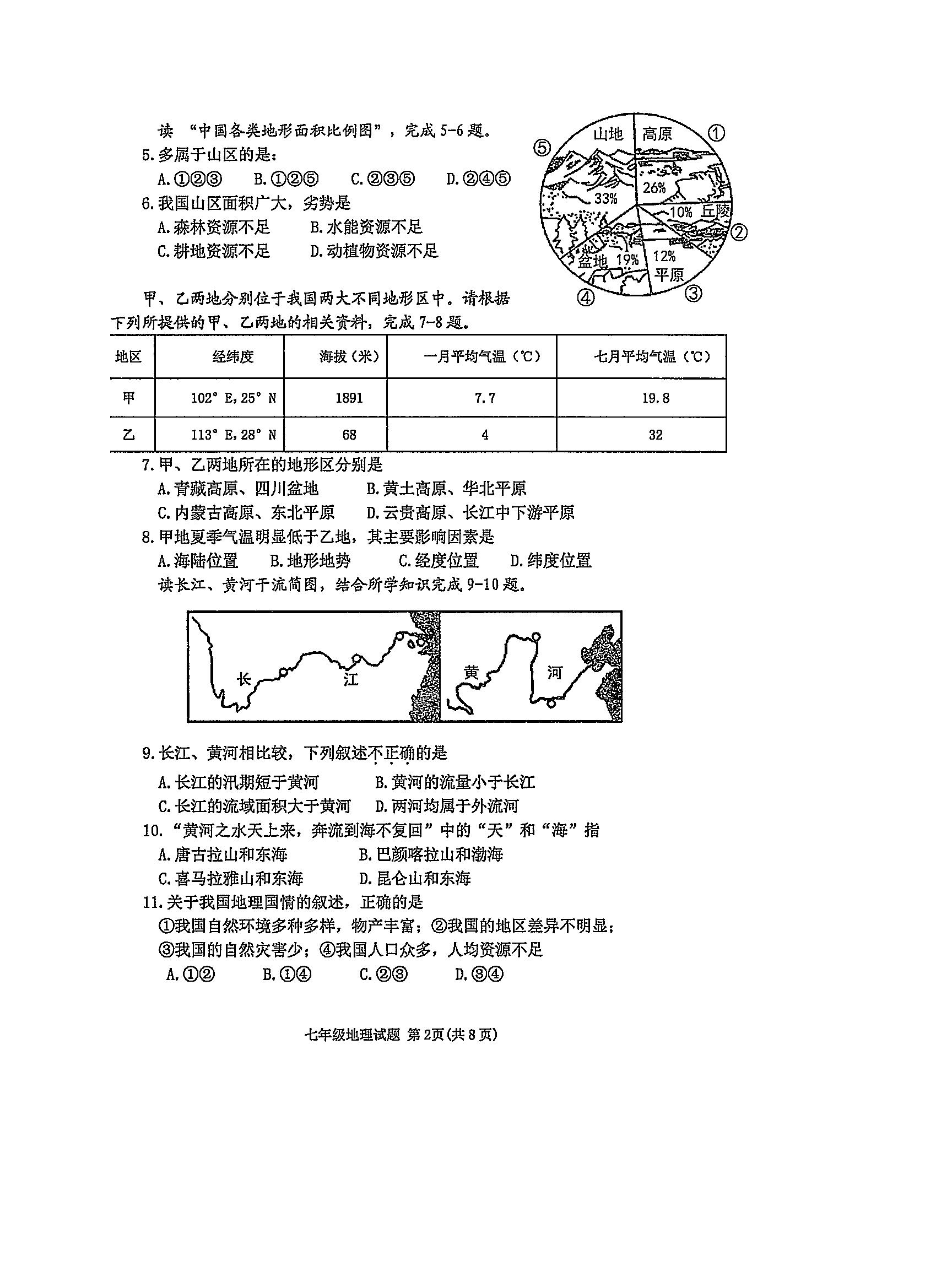 2019-2020山东省东营市七年级地理上册期末试题含答案