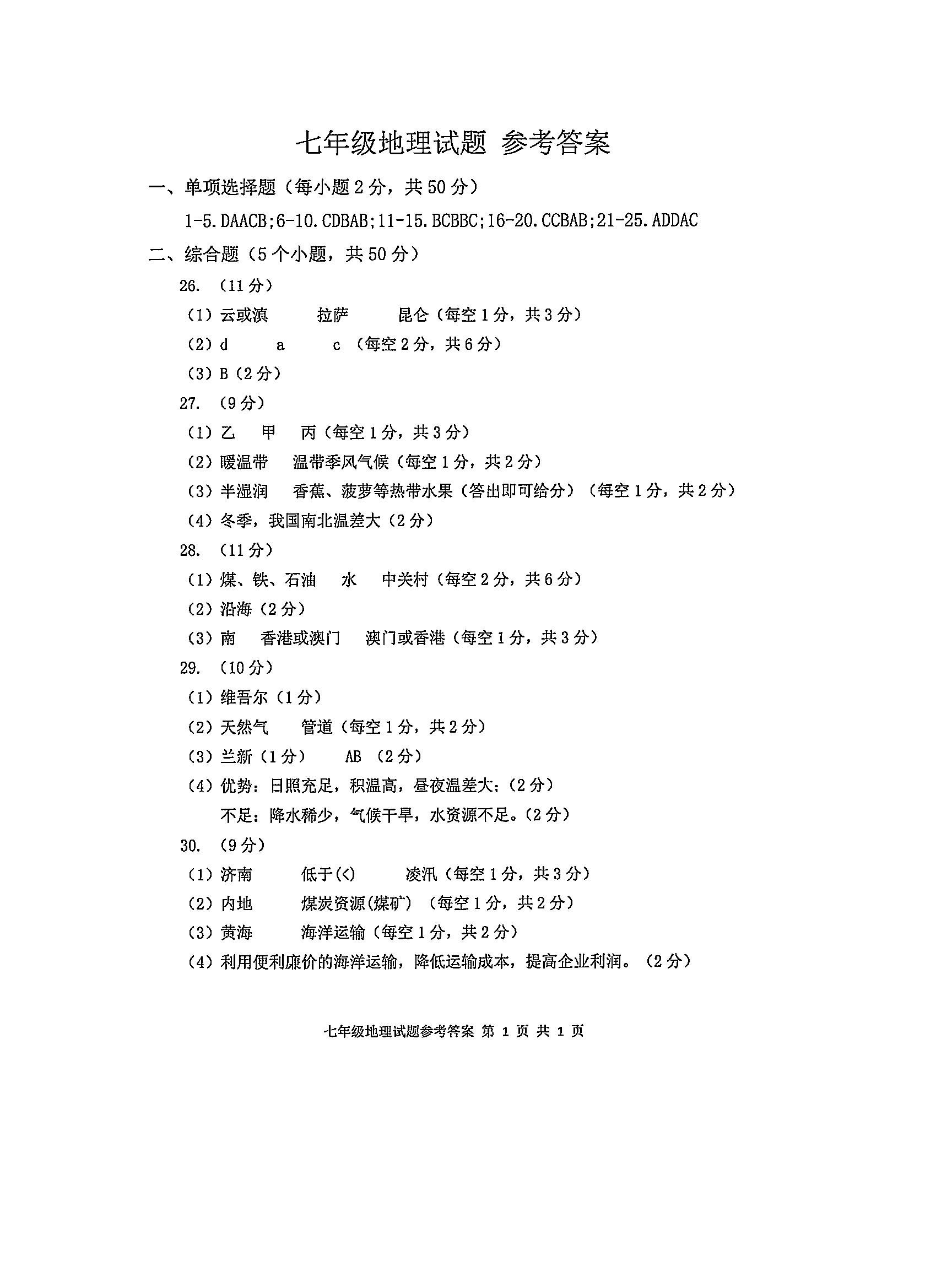 2019-2020山东省东营市七年级地理上册期末试题含答案