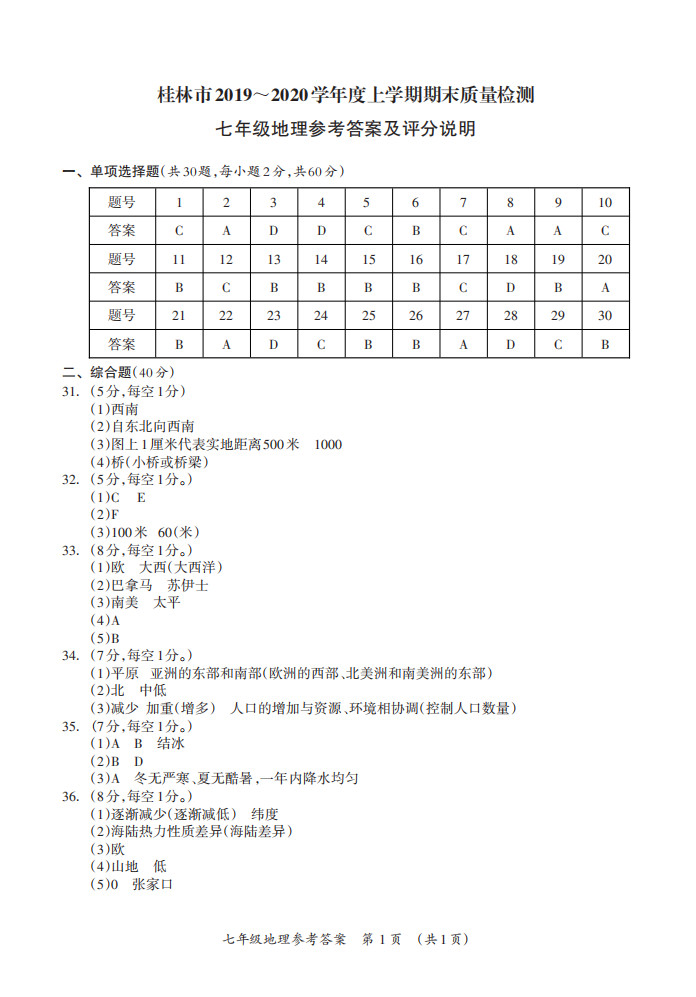 2019-2020广西桂林市七年级地理上册期末试题含答案