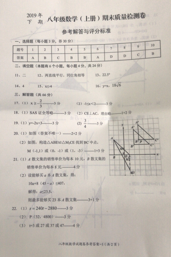 2019-2020浙江省东阳中学八年级数学上册期末试题（图片版）