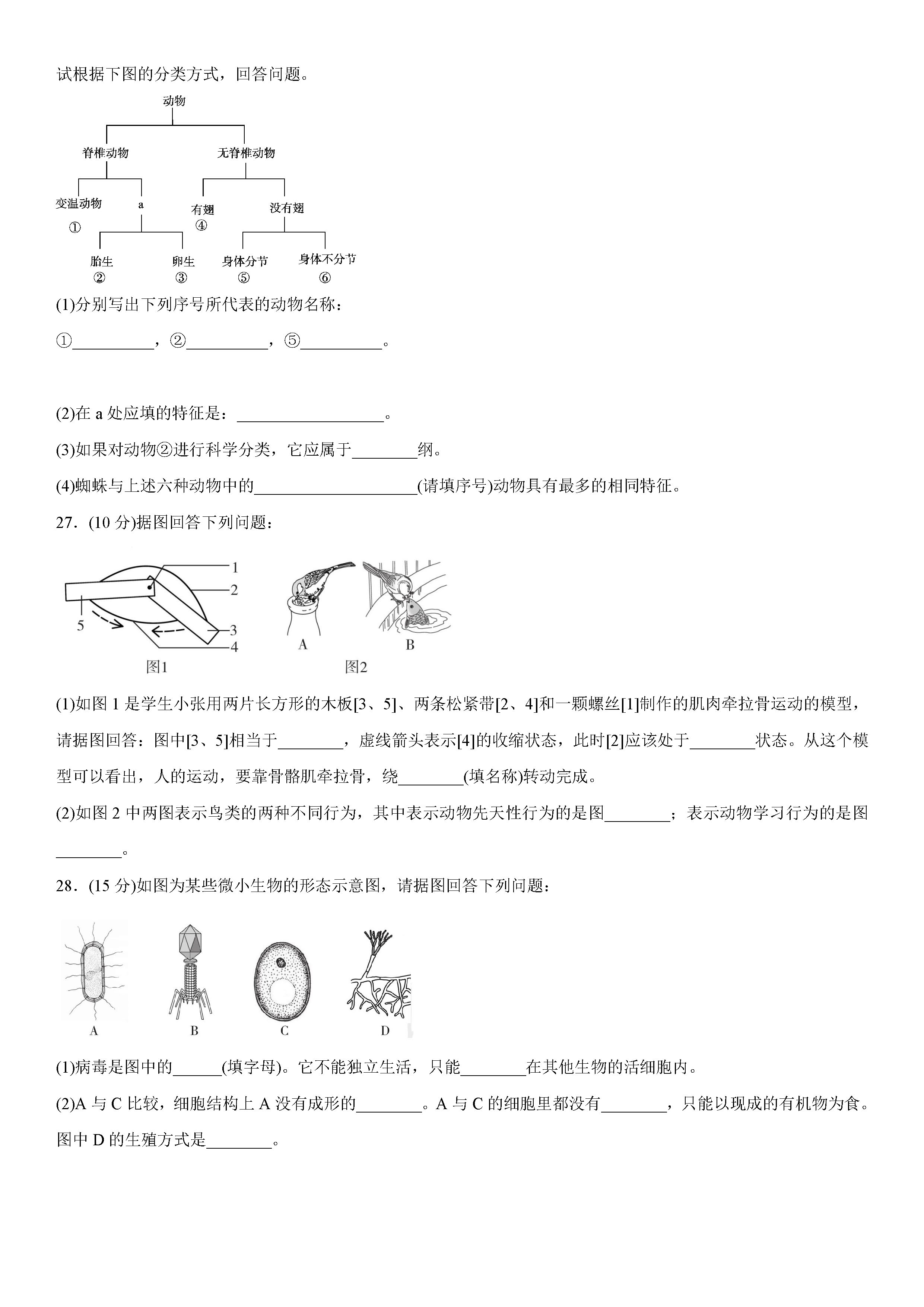 2019-2020甘肃武威八年级生物上册期末试题