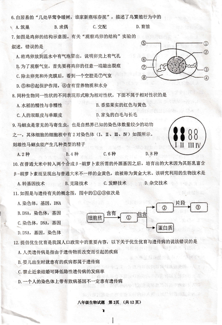 2019-2020青岛西海岸新区八年级生物上册期末试题无答案（图片版）