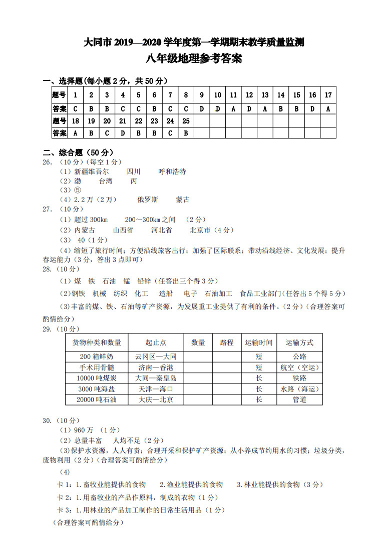 2019-2020山西大同八年级地理上册期末试题