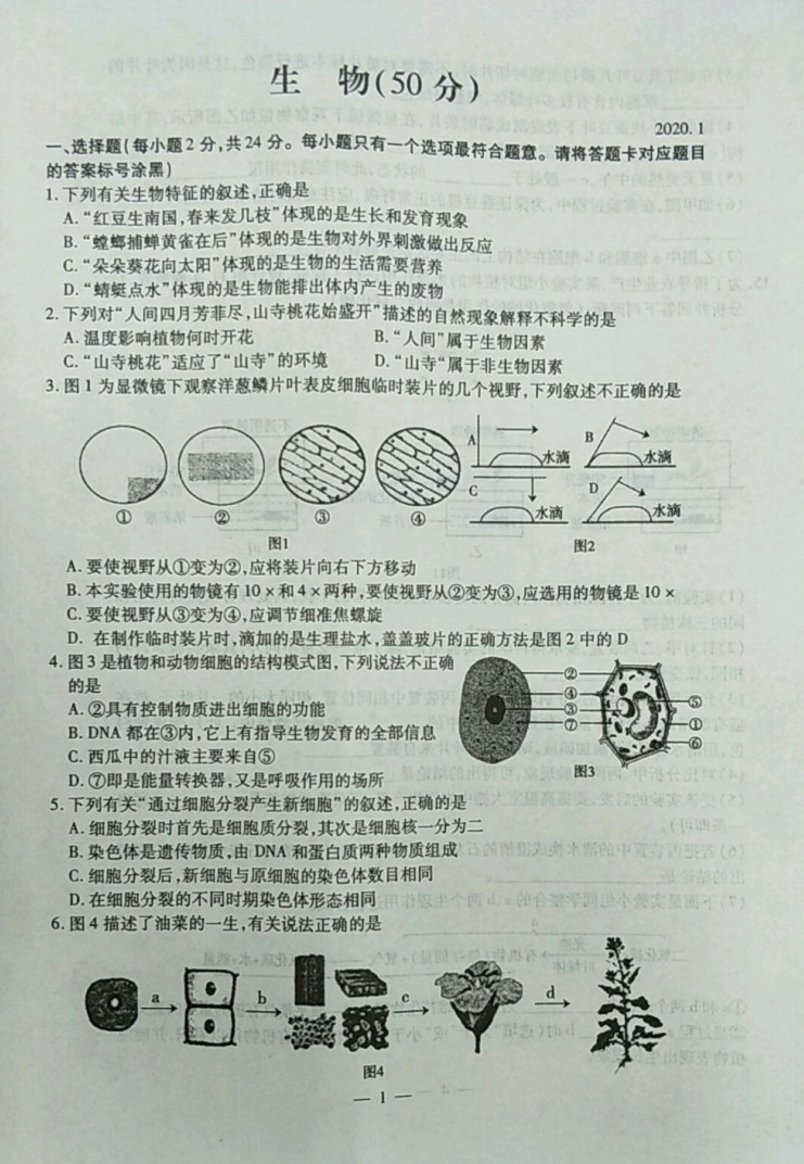 2019-2020内蒙古包头七年级生物上册期末试题（图片版）