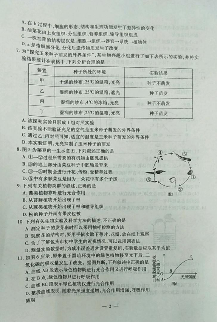 2019-2020内蒙古包头七年级生物上册期末试题（图片版）