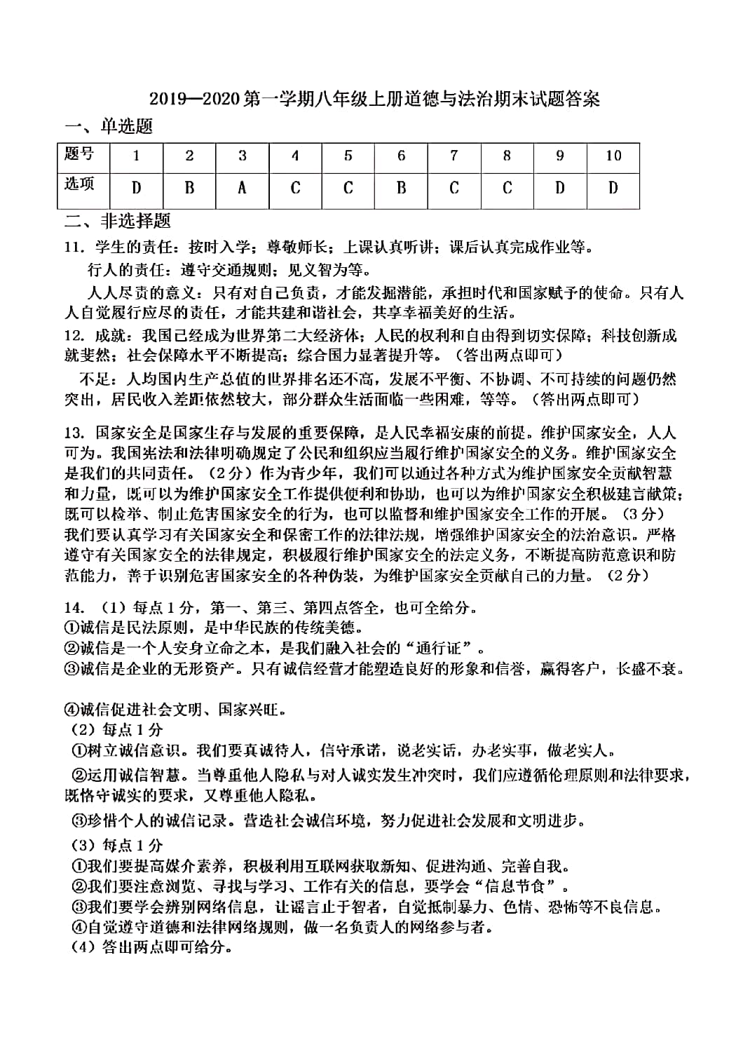 2019-2020乌海市第八中学八年级政治上册期末试题含答案