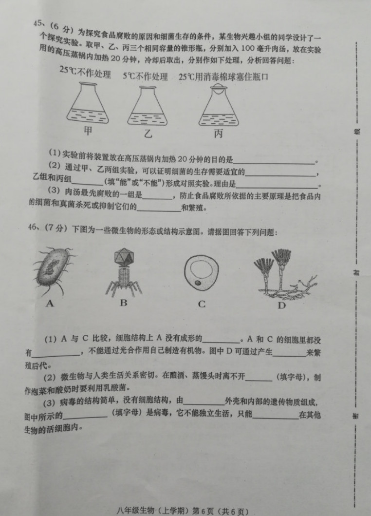 2019-2020甘肃庆阳初二生物上册期末试题无答案（图片版）