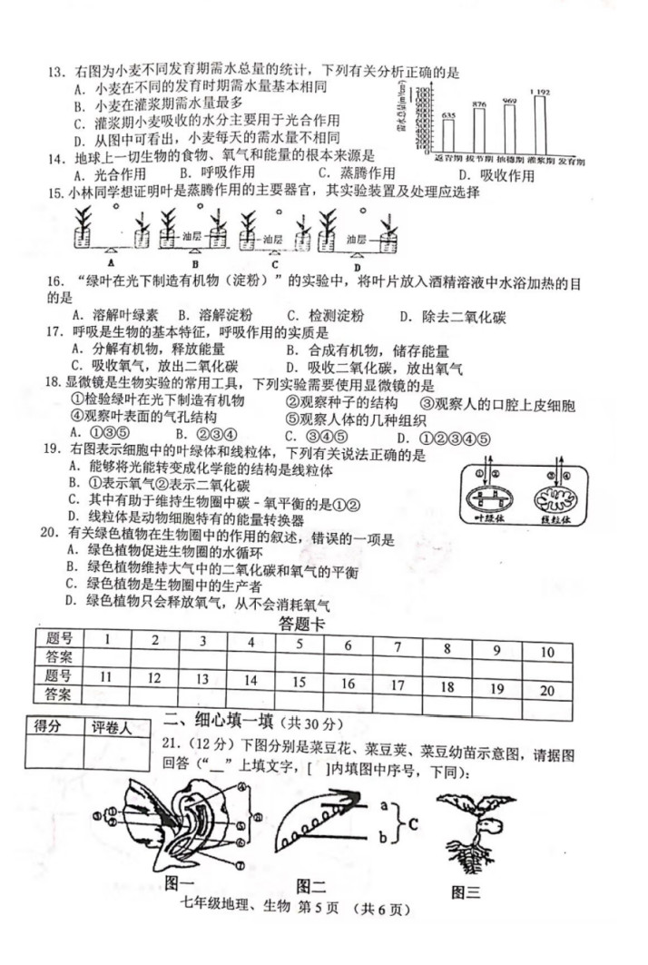 2019-2020河北唐山初一生物上册期末试题含答案