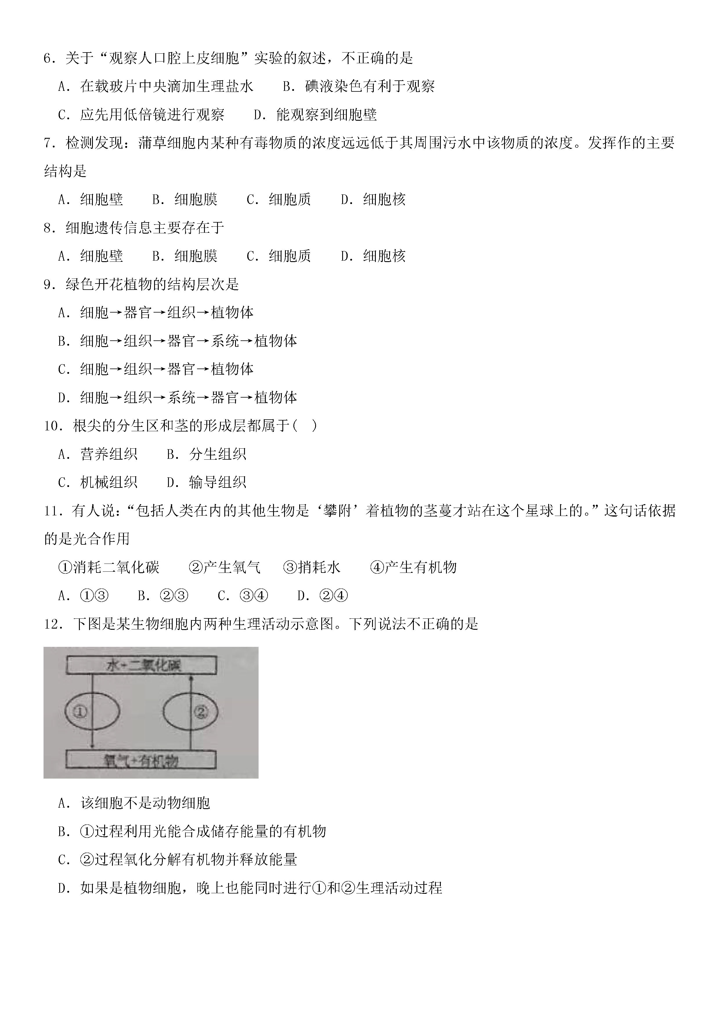 2019-2020河南新乡初一生物上册期末试题无答案