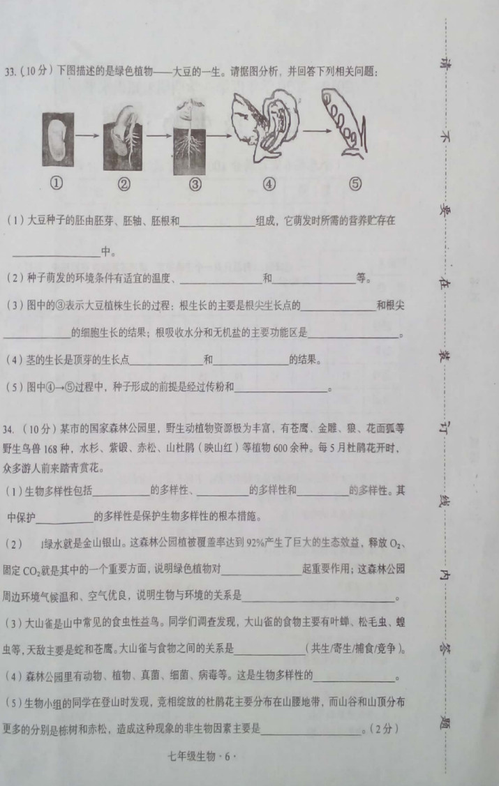 2019-2020广东梅州初一生物上册期末试题含答案（图片版）