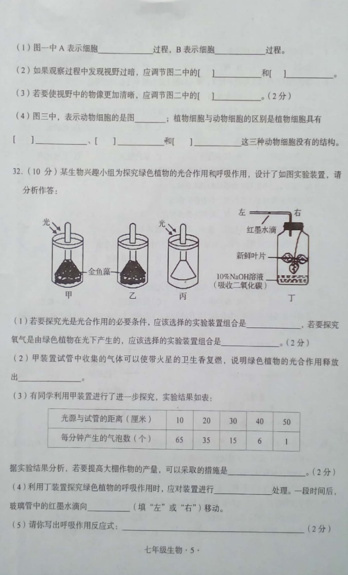 2019-2020广东大埔县初一生物上册期末试题含答案（图片版）