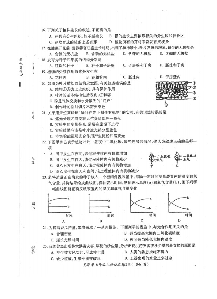 2019-2020安徽芜湖市初一生物上册期末试题无答案