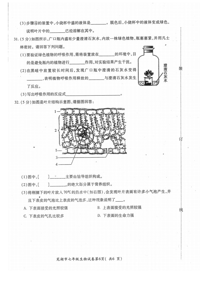 2019-2020安徽芜湖市初一生物上册期末试题无答案