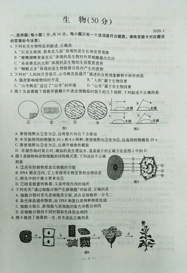 2019-2020内蒙古青山区初一生物上期末试题含答案