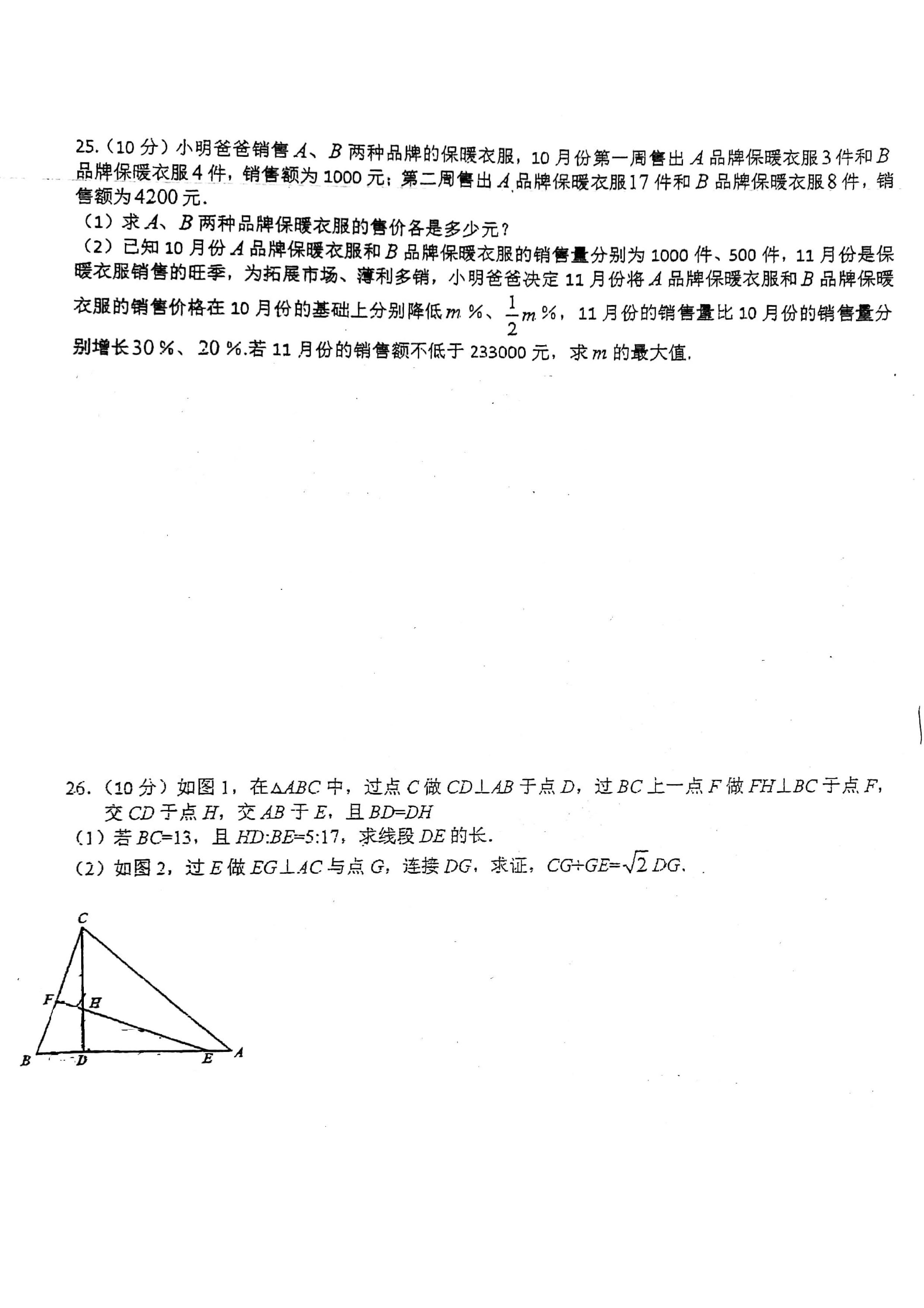 2019-2020重庆实验外语学校初二数学上册期末试题无答案