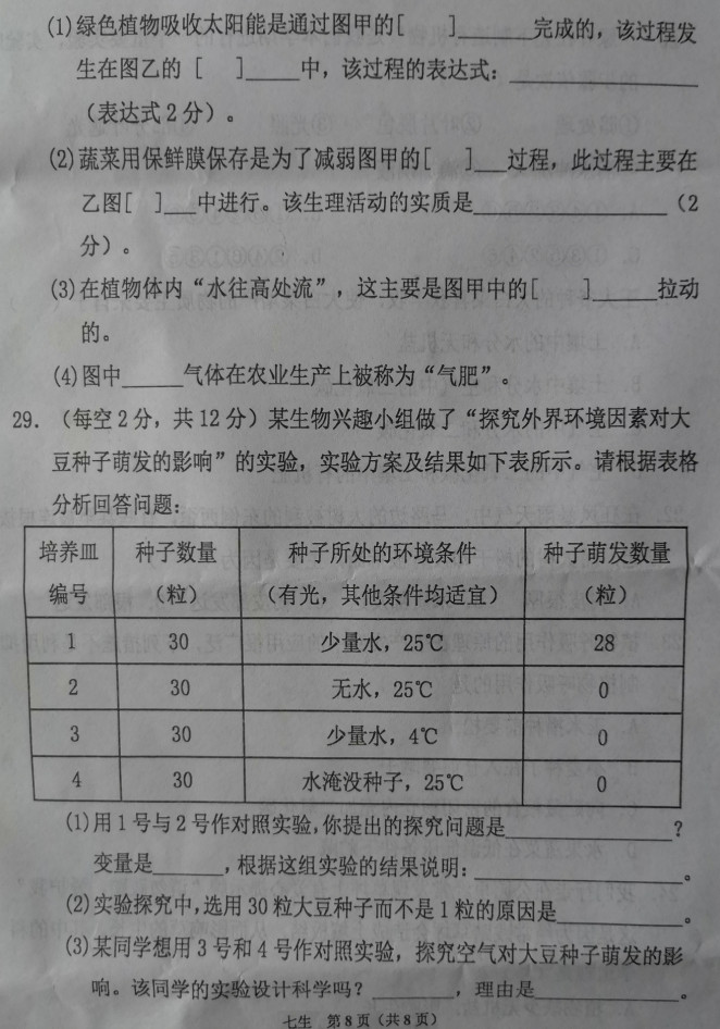 2019-2020山西芮城初一生物上期末试题无答案（图片版）