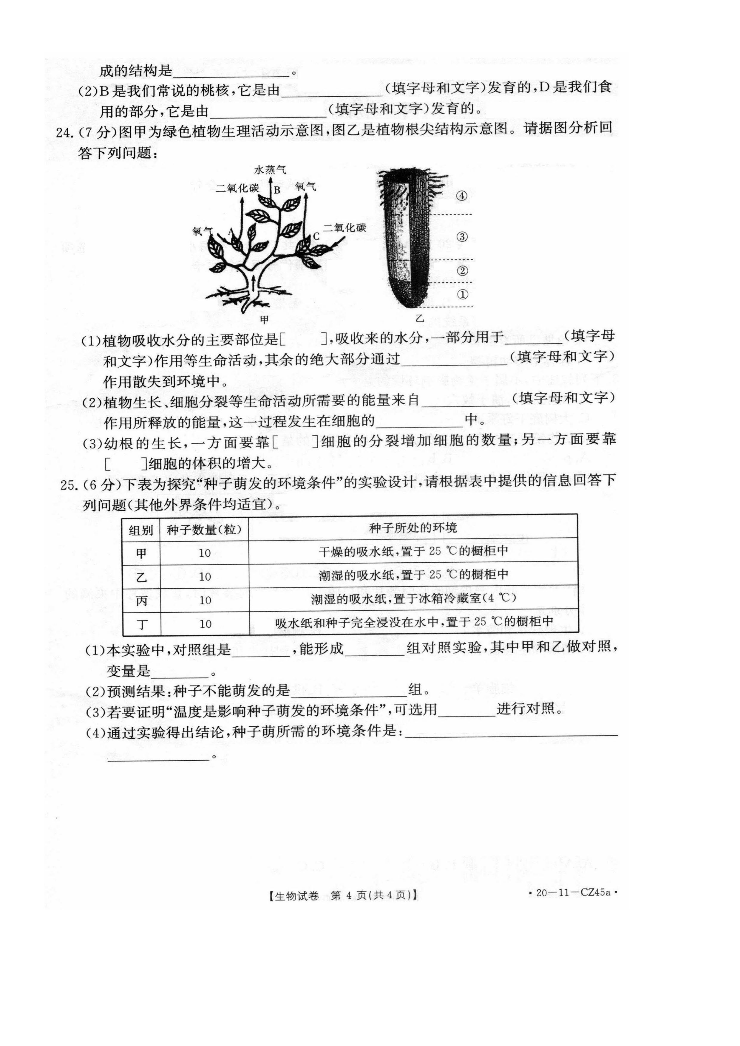 2019-2020永城实验中学初一生物上期末试题无答案