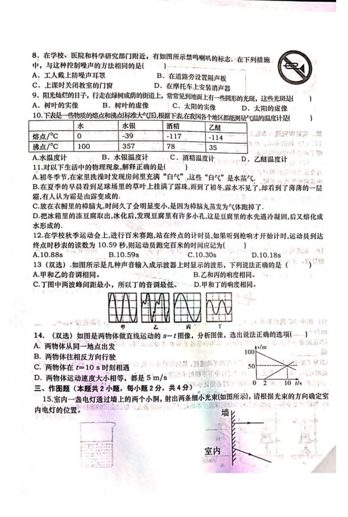 2019-2020永城实验中学初二物理上期末试题无答案