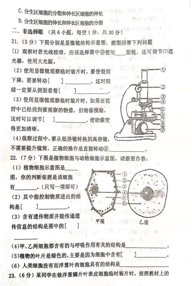 2019-2020河南扶沟县实验中学初一生物上期末试题含答案