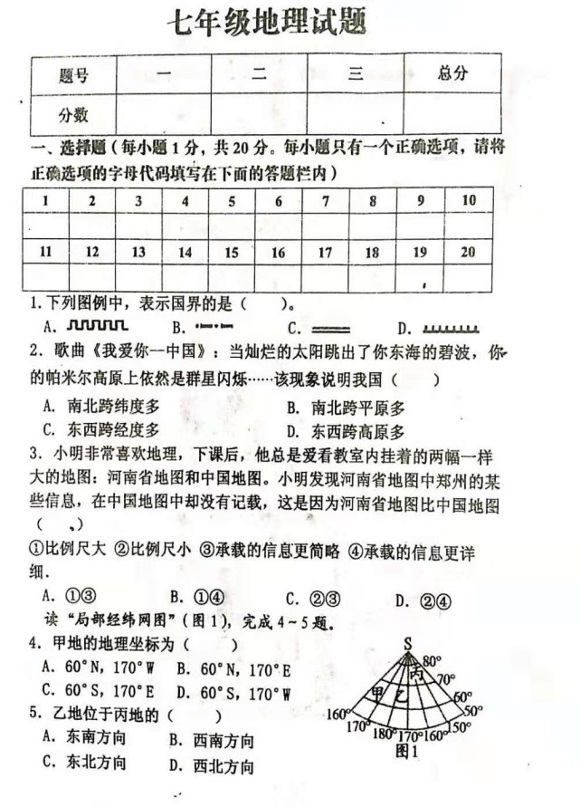 2019-2020河南扶沟县实验中学初一地理上期末试题无答案