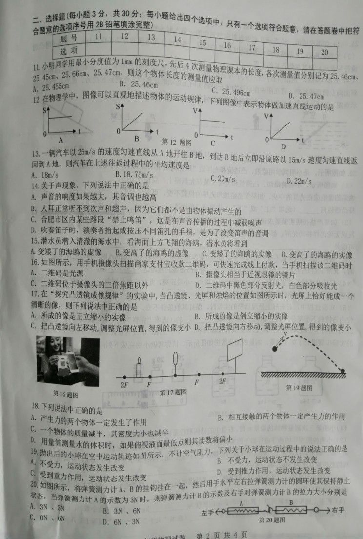 2019-2020安徽包河区初二物理上期末试题含答案（图片版）