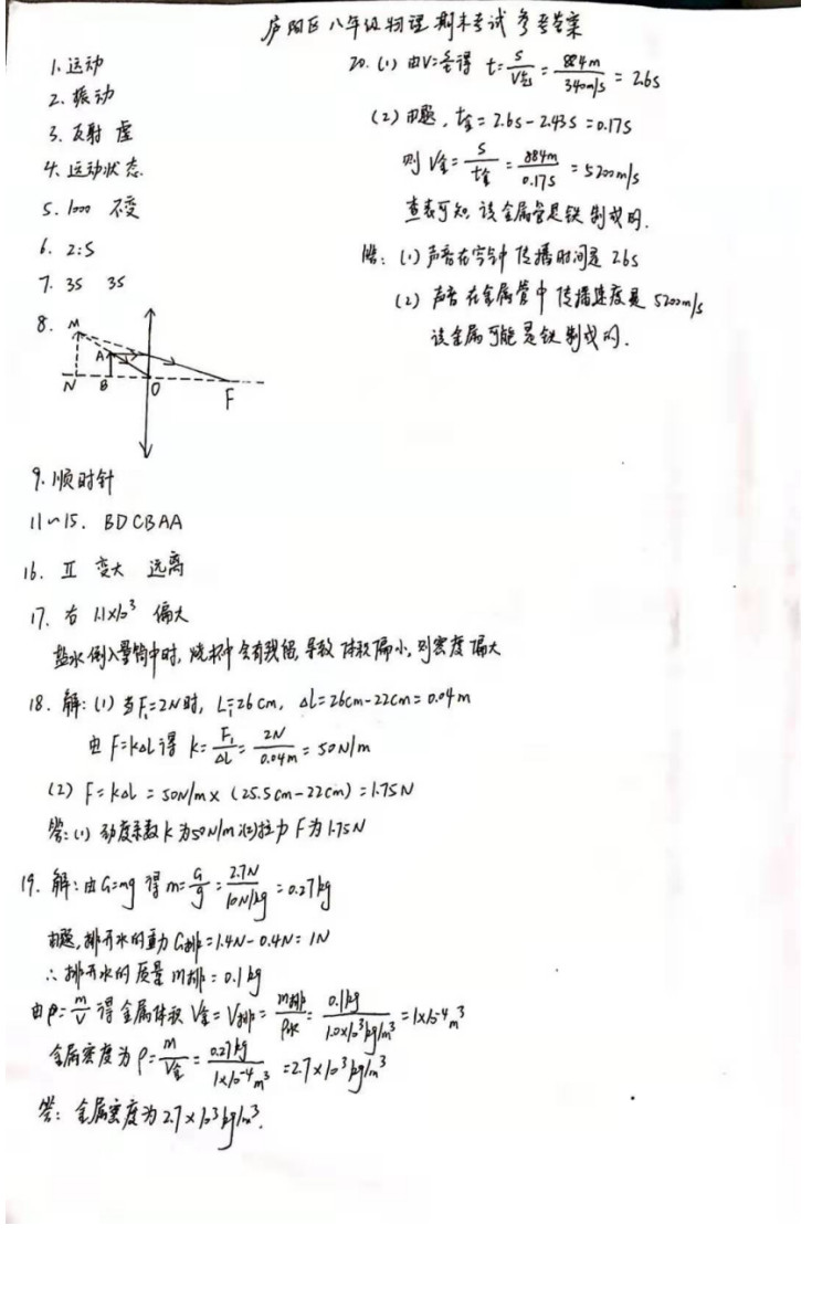 2019-2020合肥庐阳区初二物理上期末试题含答案