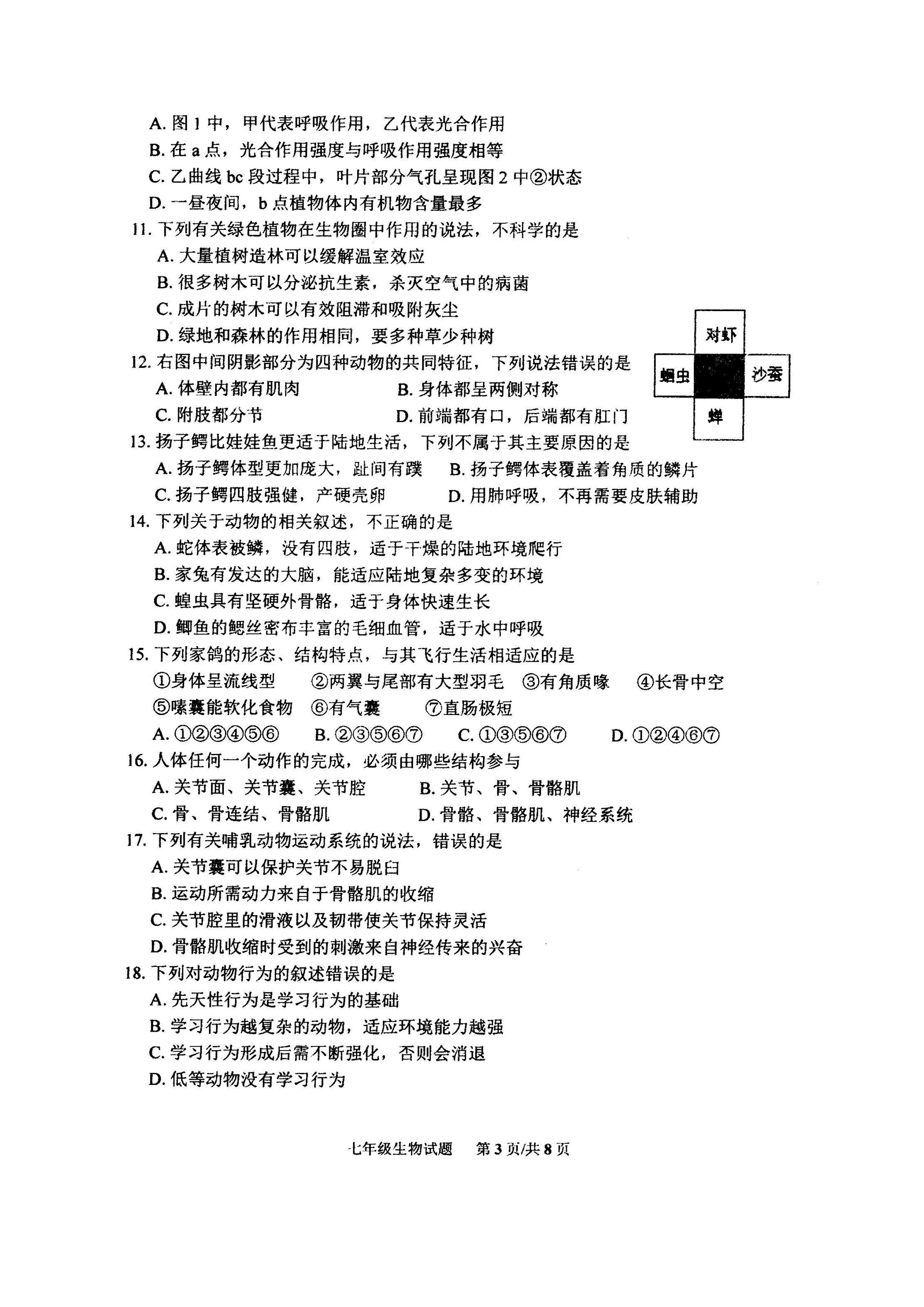 2019-2020山东潍坊初一生物上期末试题无答案