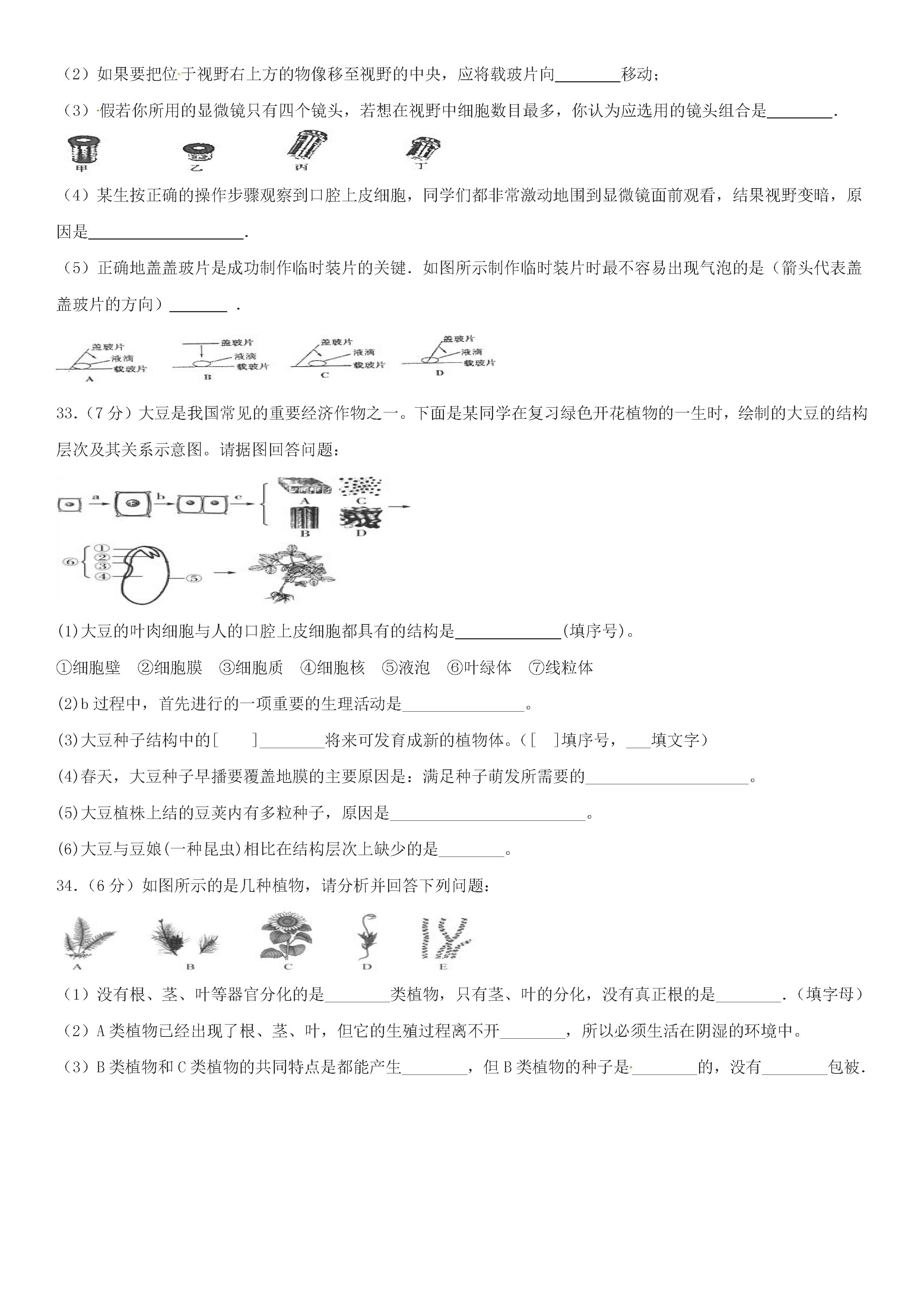 2019-2020湖南衡阳初一生物上册期末试题无答案