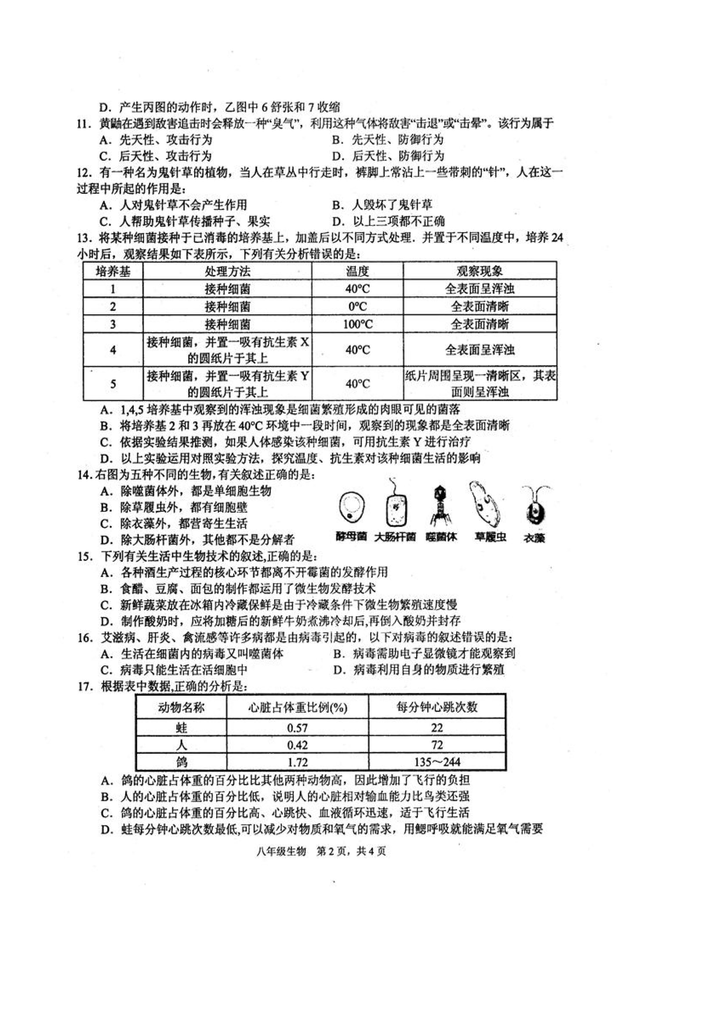 2019-2020四川绵阳初二生物上期末试题无答案