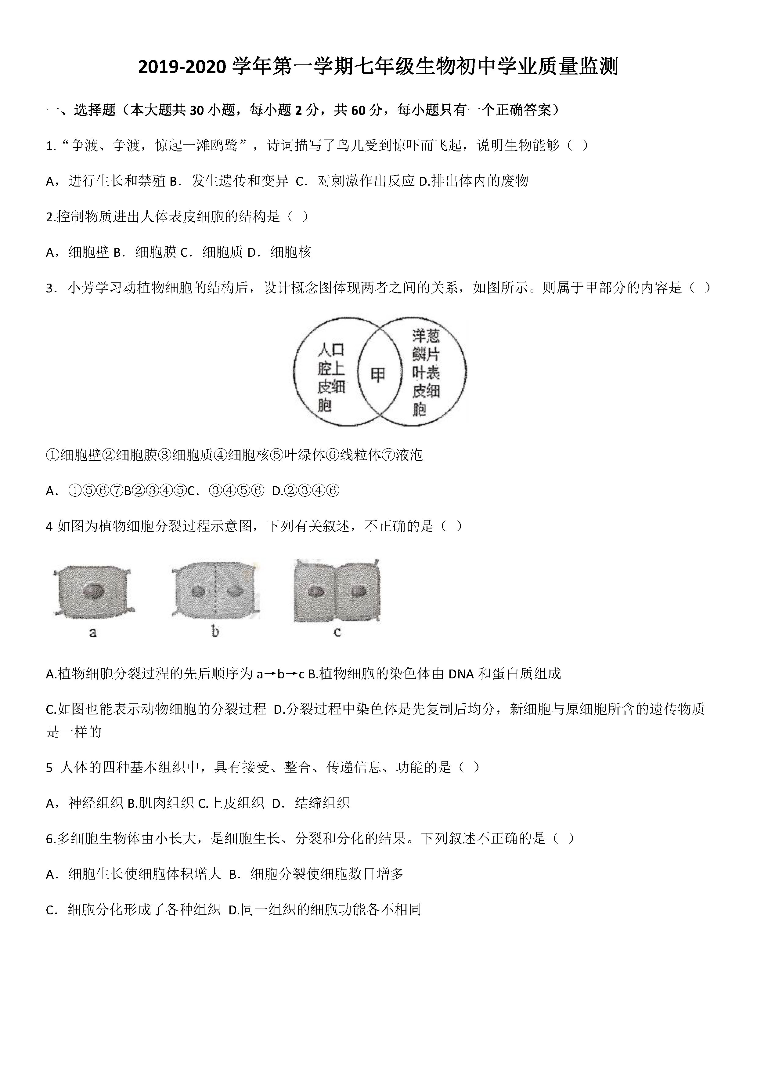 2019-2020佛山禅城区初一生物上册期末试题无答案