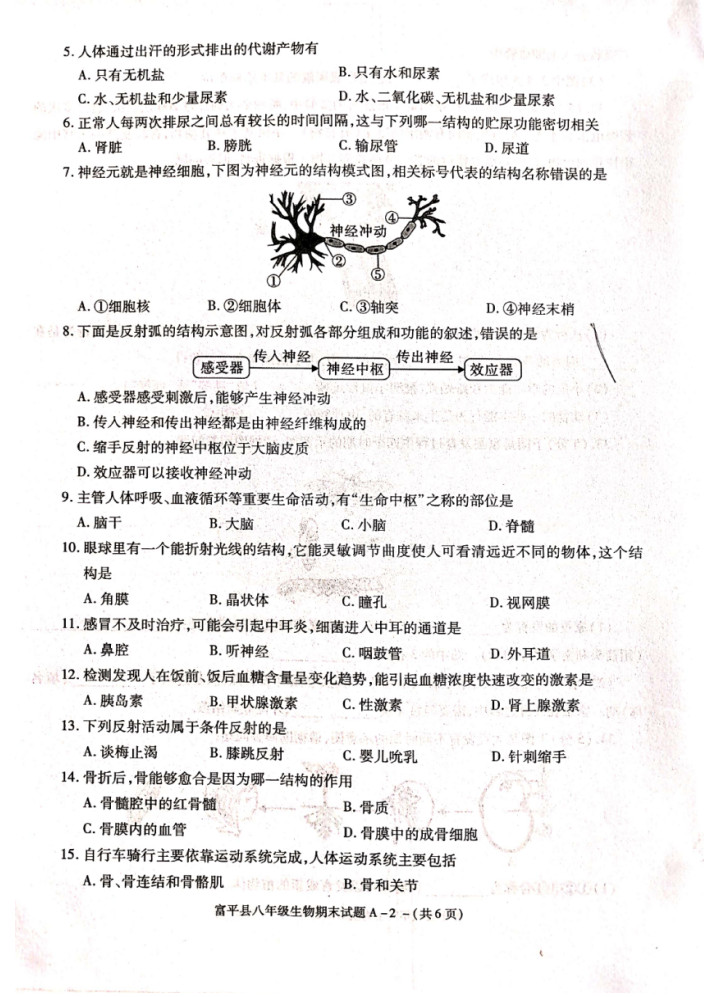 2019-2020陕西渭南初二生物上册期末试题无答案