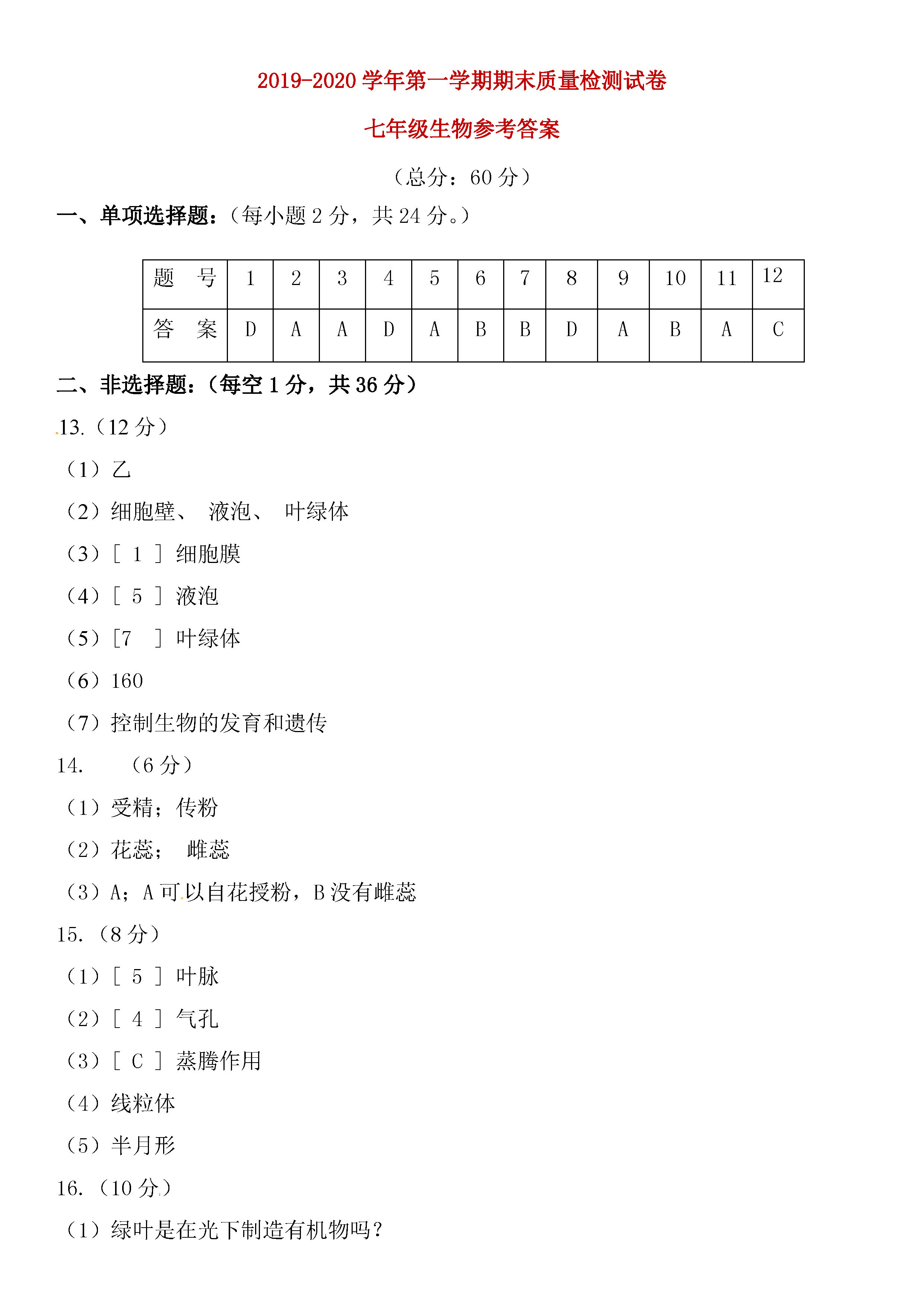 2019-2020内蒙古兴安盟初一生物上册期末试题含答案