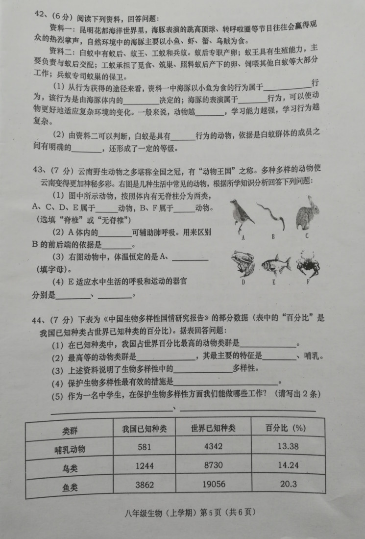 2019-2020云南建水县初二生物上期末试题无答案（图片版）