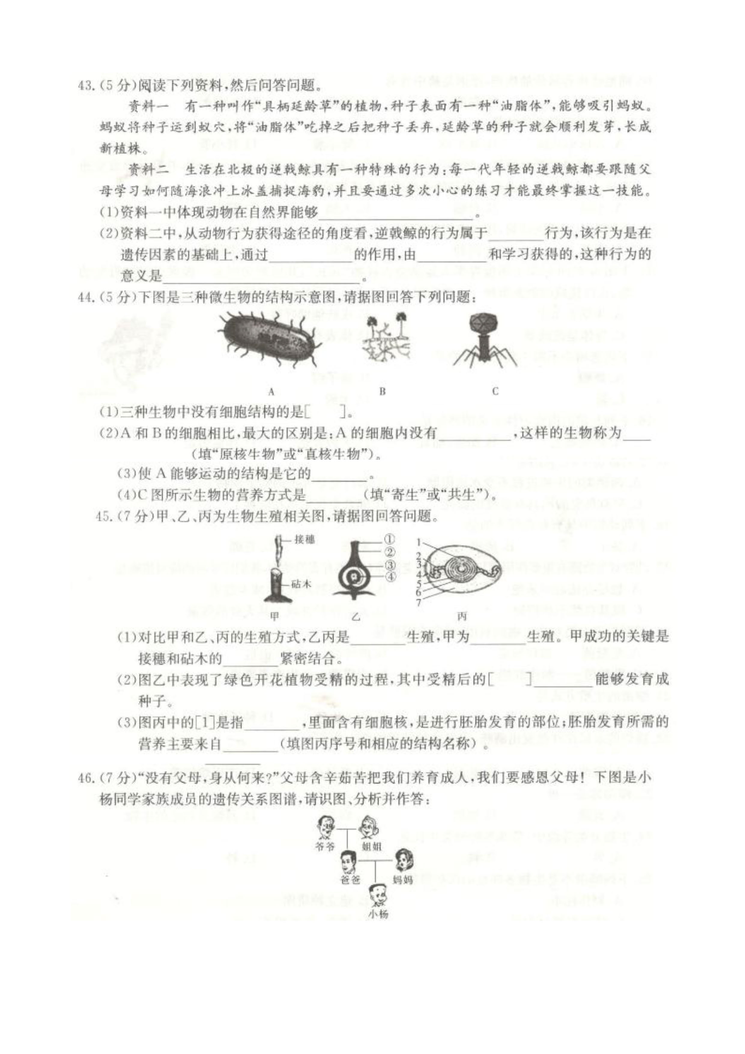 2019-2020云南楚雄州初二生物上期末试题含答案