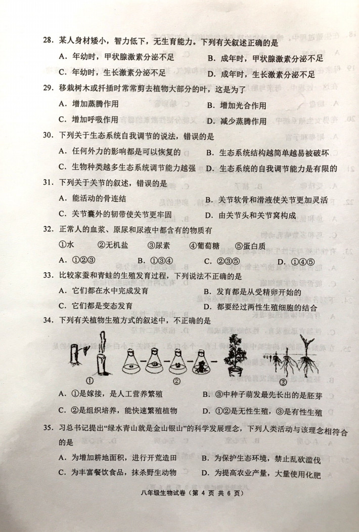 2019-2020江苏扬中初二生物上册期末试题含答案（图片版）