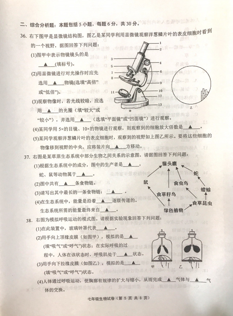 2019-2020江苏扬中初一生物上册期末试题含答案（图片版）