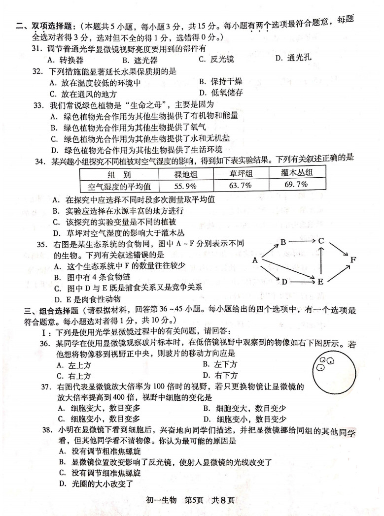 2019-2020江苏常熟初一生物上册期末试题无答案