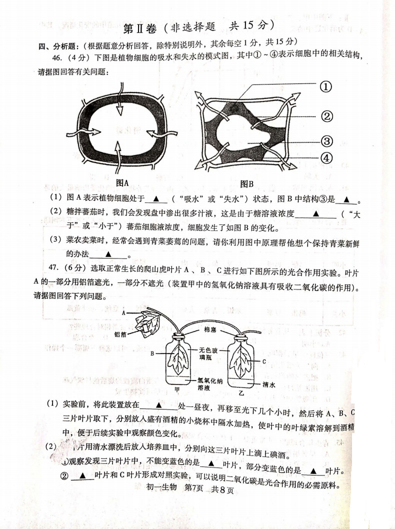 2019-2020江苏常熟初一生物上册期末试题无答案