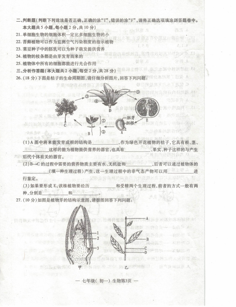 2019-2020江西新余初一生物上期末试题含答案（图片版）