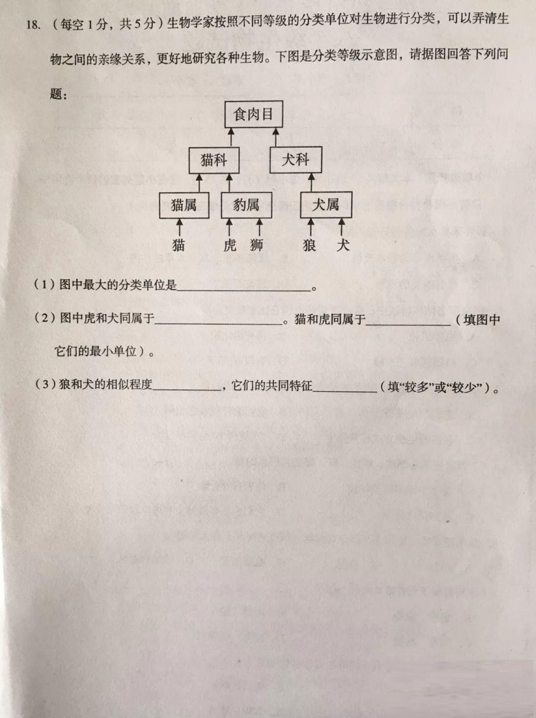 2019-2020江西安远县初二生物上期末试题含答案（图片版）
